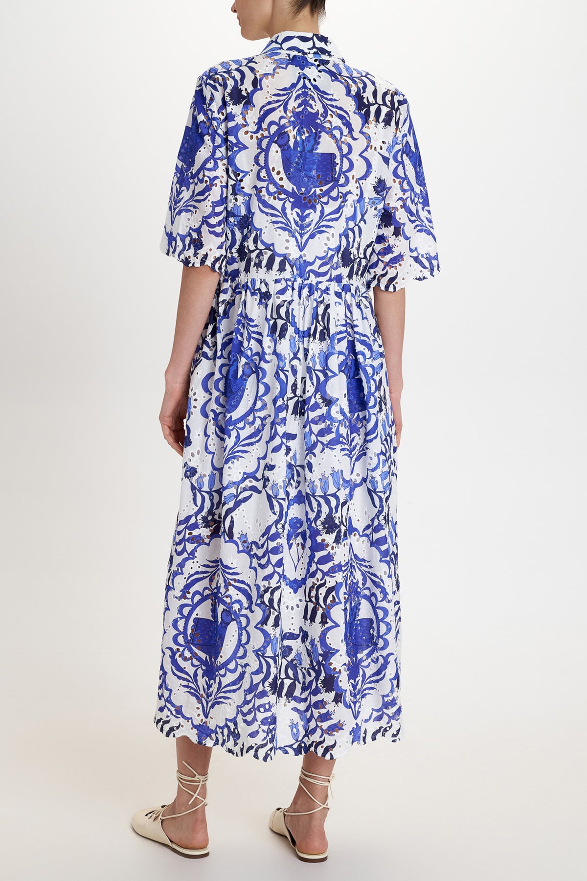 EMBROIDERED MIDI COTTON SHIRT DRESS "PORTARIA" BLUE/WHITE