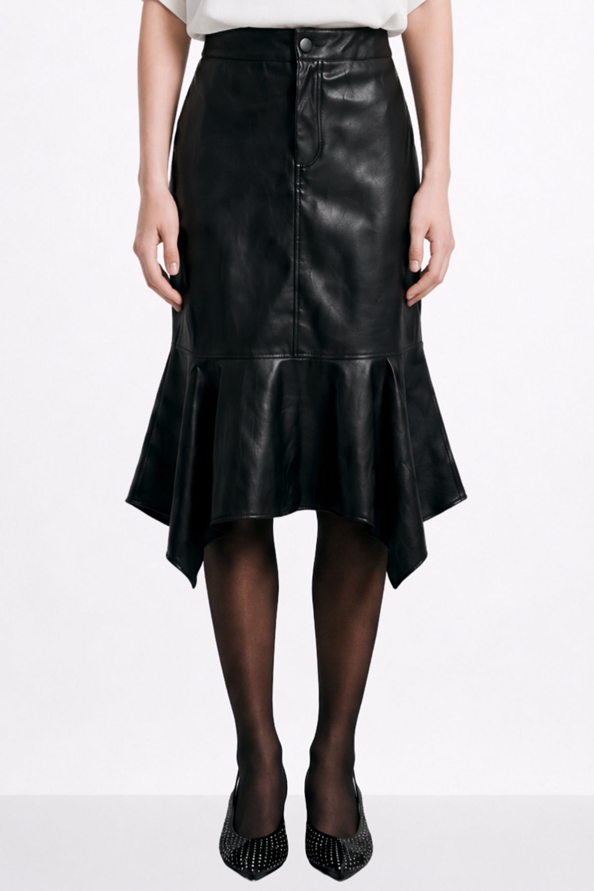 SLIM FLARED FAUX LEATHER SKIRT BLACK