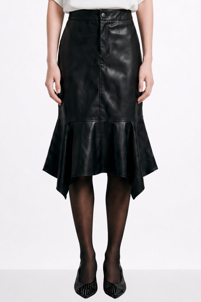SLIM FLARED FAUX LEATHER SKIRT BLACK