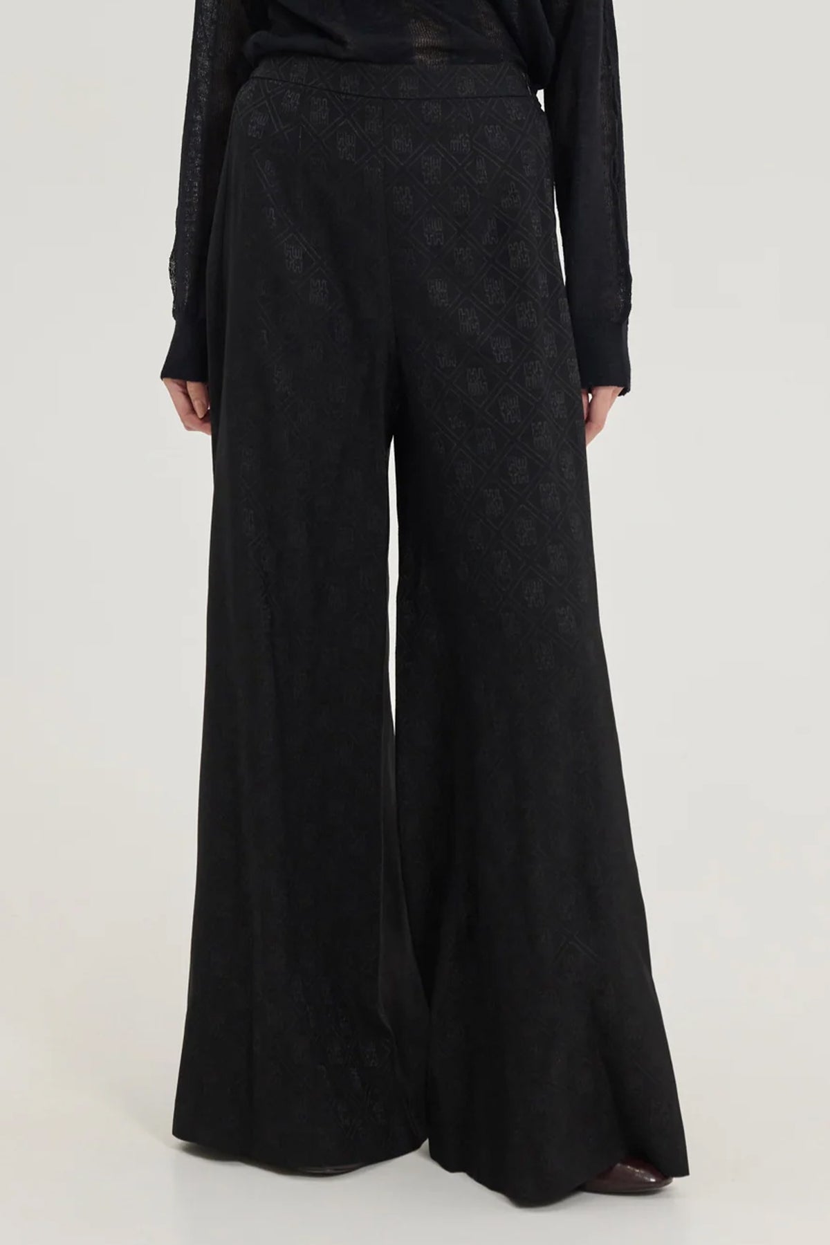 WIDE LEG SATIN JACQUARD PANTS BLACK