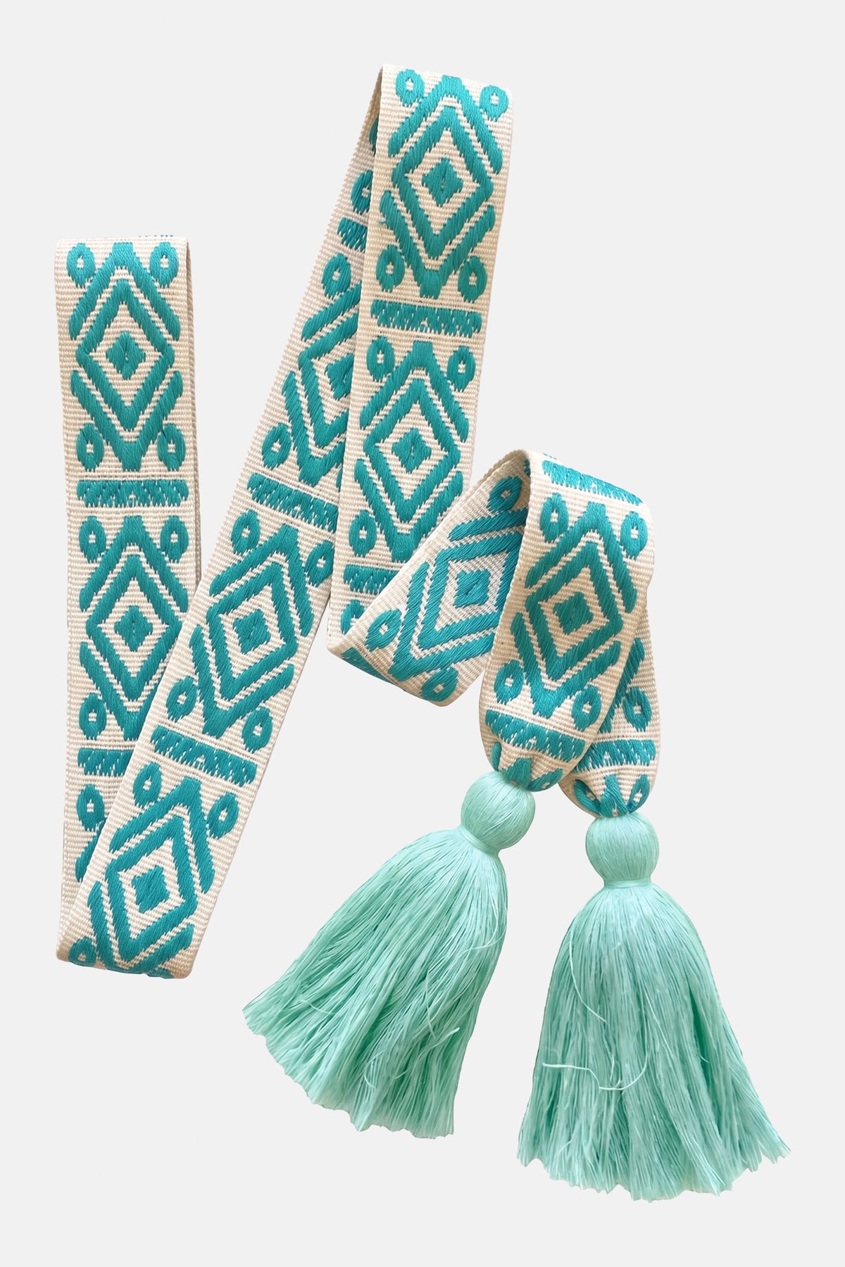 WOVEN BELT WITH TASSELS "AZTEK" SEA GREEN/ECRU