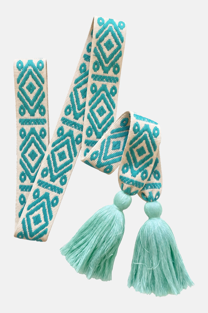 WOVEN BELT WITH TASSELS "AZTEK" SEA GREEN/ECRU