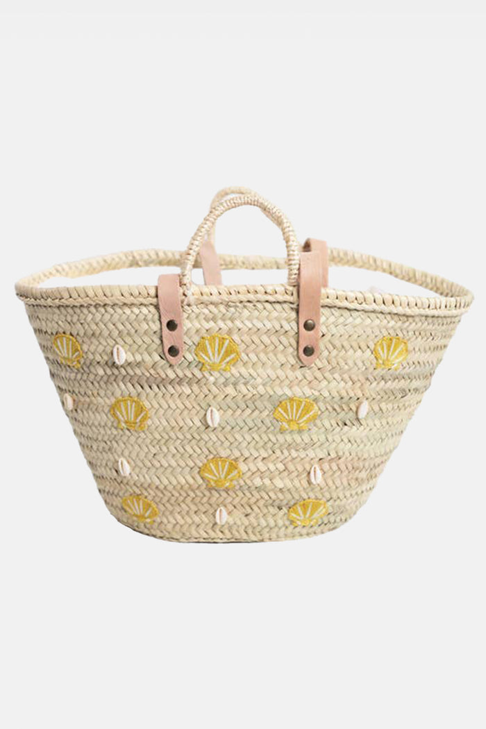 WOVEN & EMBROIDERED RAFFIA BASKET "SHELL" YELLOW