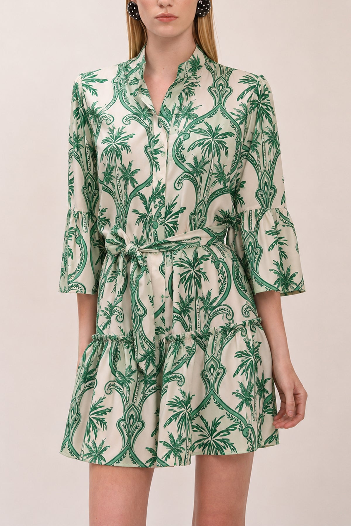 SILKY MINI DRESS "PALMS" GREEN/ECRU