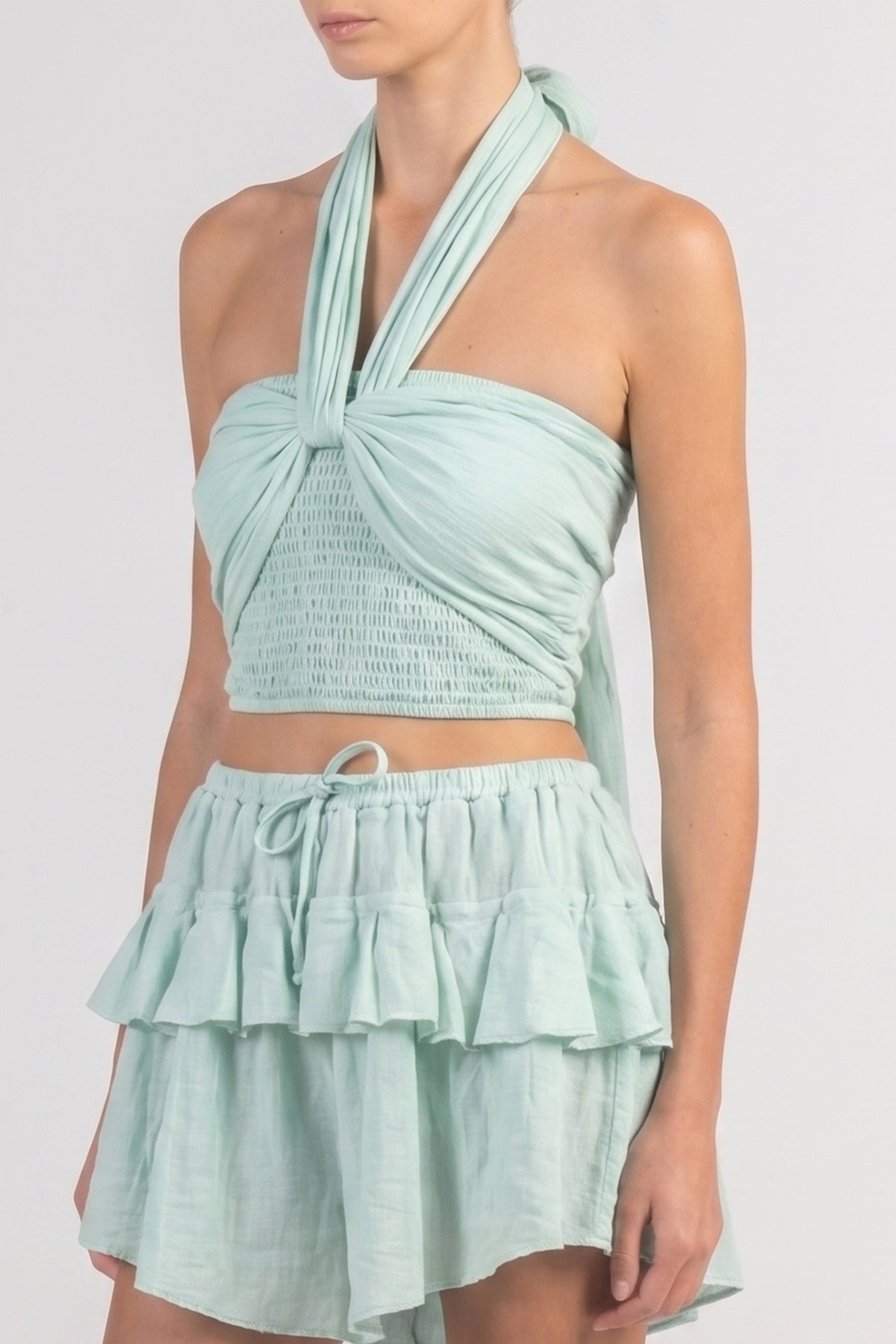 MUSSELINE NECKHOLDER CROP TOP "SYMI" TEAL
