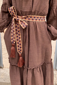 WOVEN BELT WITH TASSELS "TEXTURED ZIGZAG" BROWN/BEIGE/NAVY