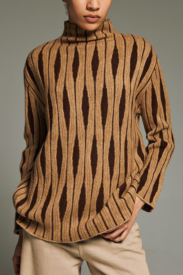 HIGH NECK KNIT PULLOVER "ROMBUS" CAMEL
