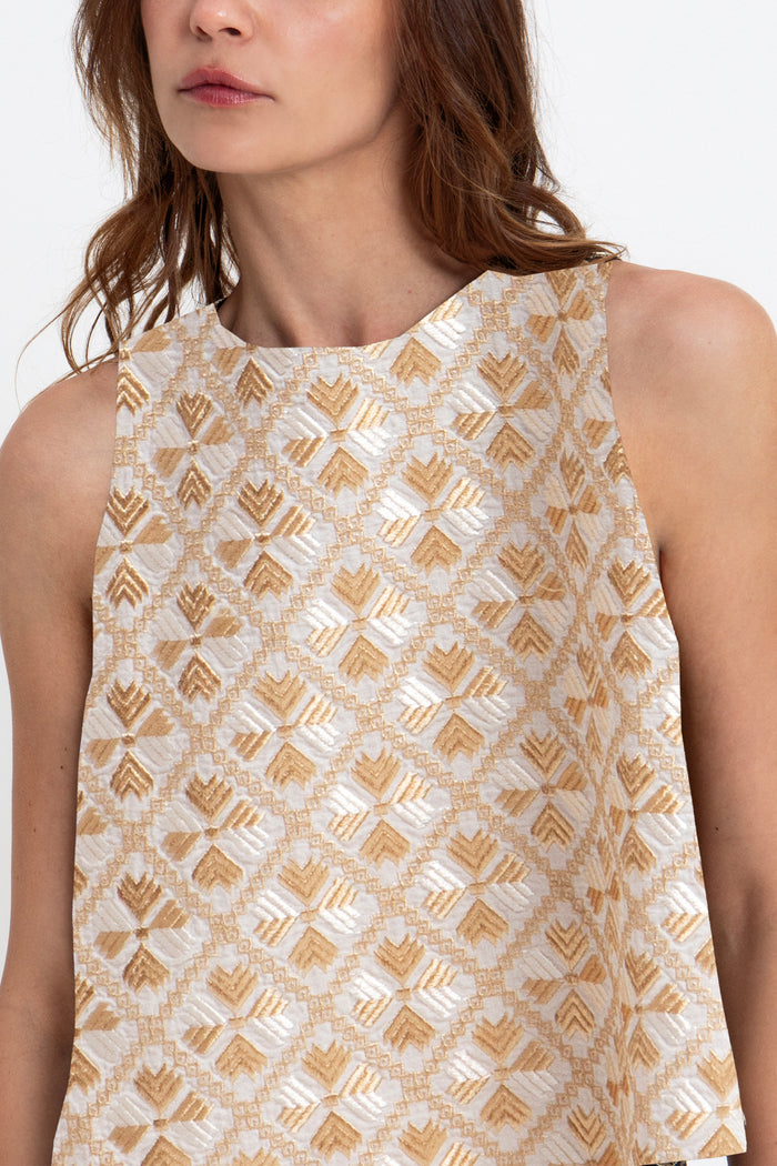 CROPPED EMBROIDERED RAMIE TOP "FLAKES" WHITE/GOLD/CHAMPAGNE