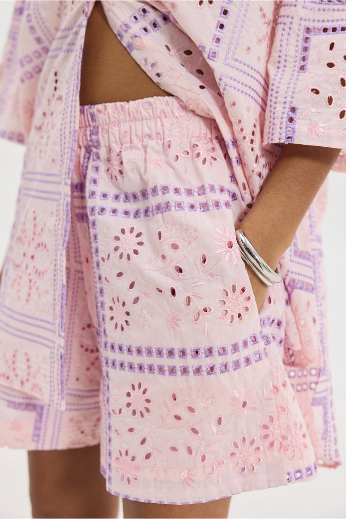 EMBROIDERED COTTON SHORTS "TOULOUSE" PALE PINK/LILAC
