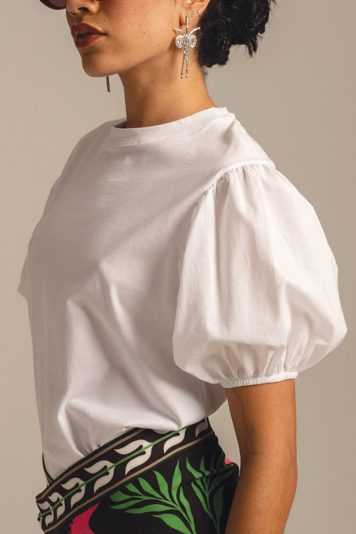 COTTON T-SHIRT WITH BALLON SLEEVES "FREESIA" WHITE