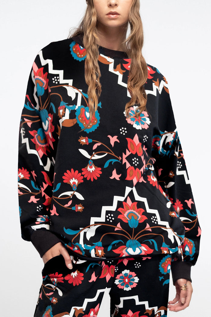 OVERSIZED COTTON SWEATER WITH FLOWER PRINT BLACK/MULTI