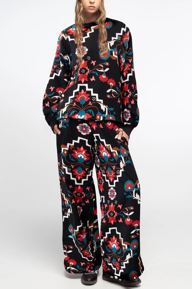 COTTON SWEATER PANTS WITH FLOWER PRINT BLACK/MULTI