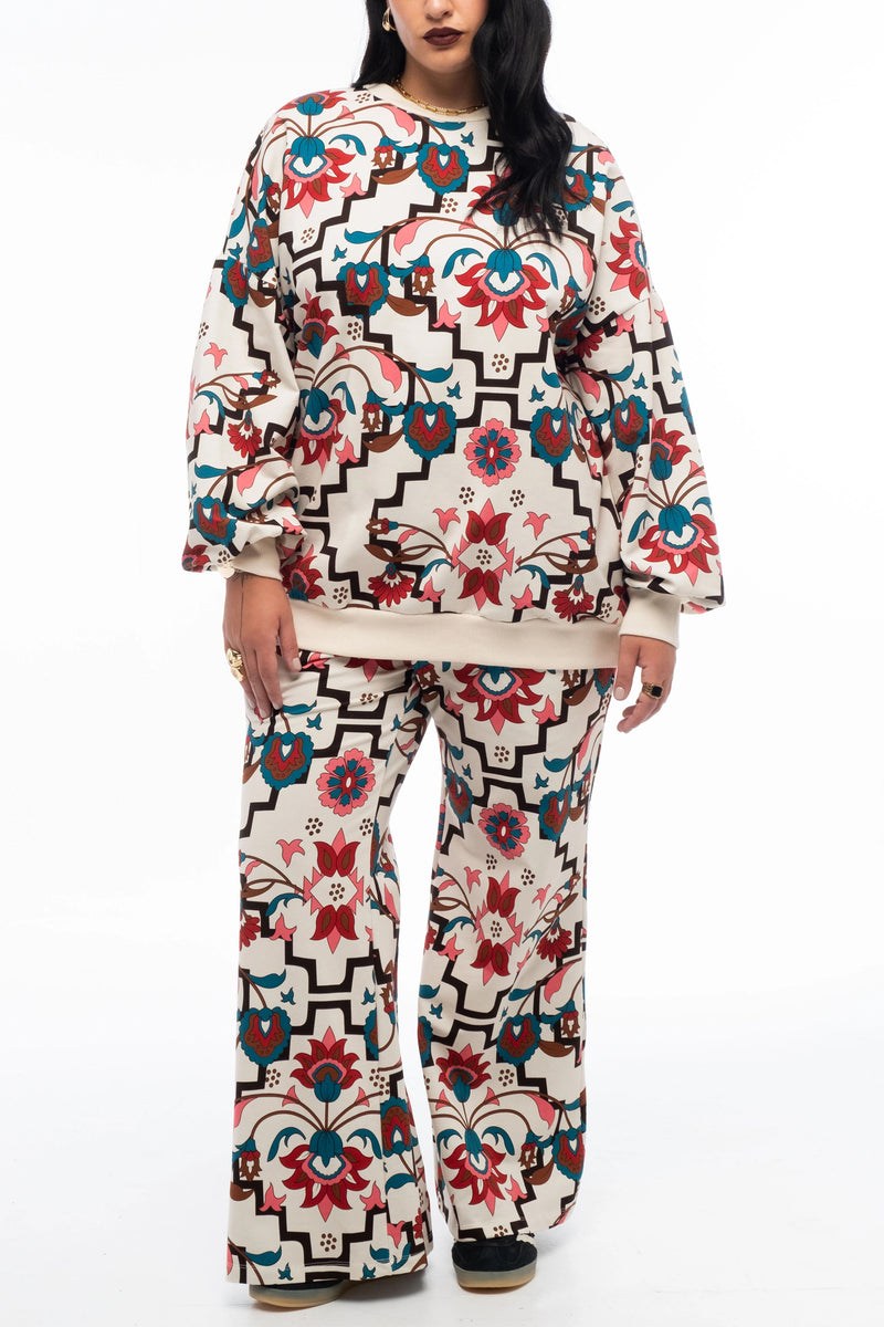 COTTON SWEATER PANTS WITH FLOWER PRINT ECRU/MULTI