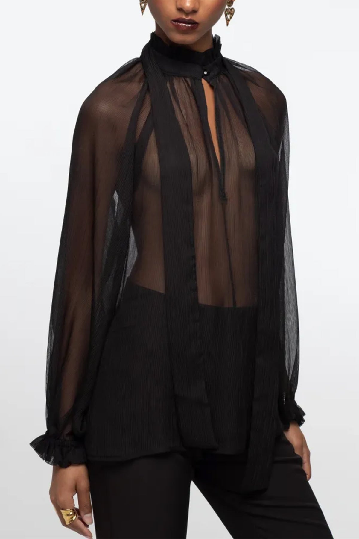TRANSPARENT GEORGETTE BLOUSE WITH BOW TIE BLACK