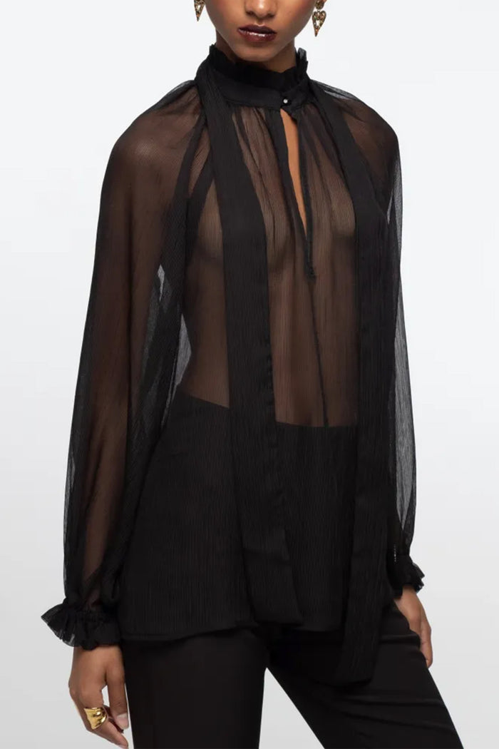 TRANSPARENT GEORGETTE BLOUSE WITH BOW TIE BLACK