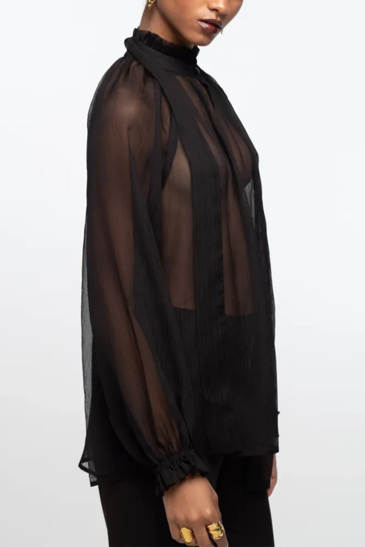 TRANSPARENT GEORGETTE BLOUSE WITH BOW TIE BLACK