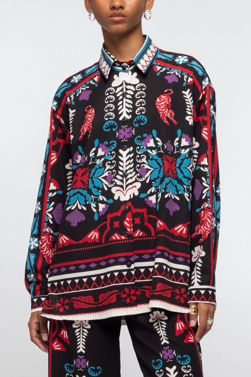 BLOUSE WITH PLACEMENT PRINT BLACK/MULTICOLOR