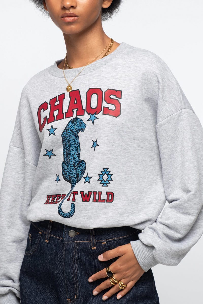 COTTON SWEATER WITH TIGER PRINT GREY MELANGE