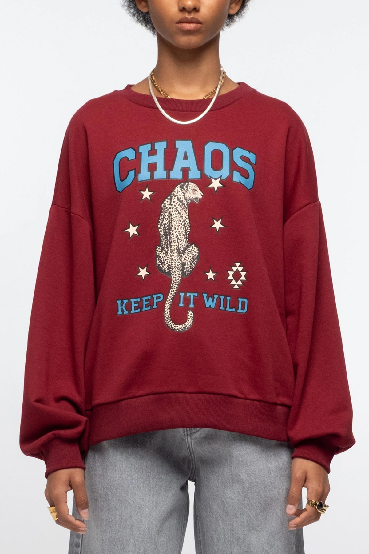 COTTON SWEATER WITH TIGER PRINT BORDEAUX