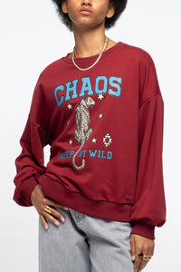 COTTON SWEATER WITH TIGER PRINT BORDEAUX