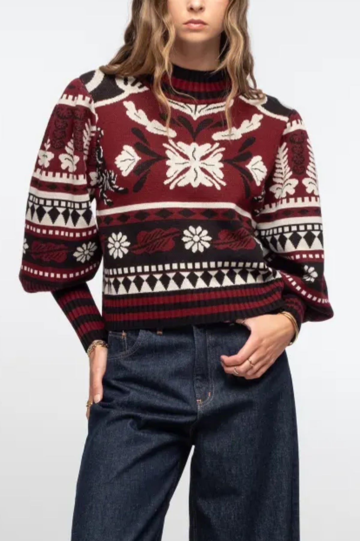 INTARSIA KNIT PULLOVER BLACK/ECRU/BORDEAUX