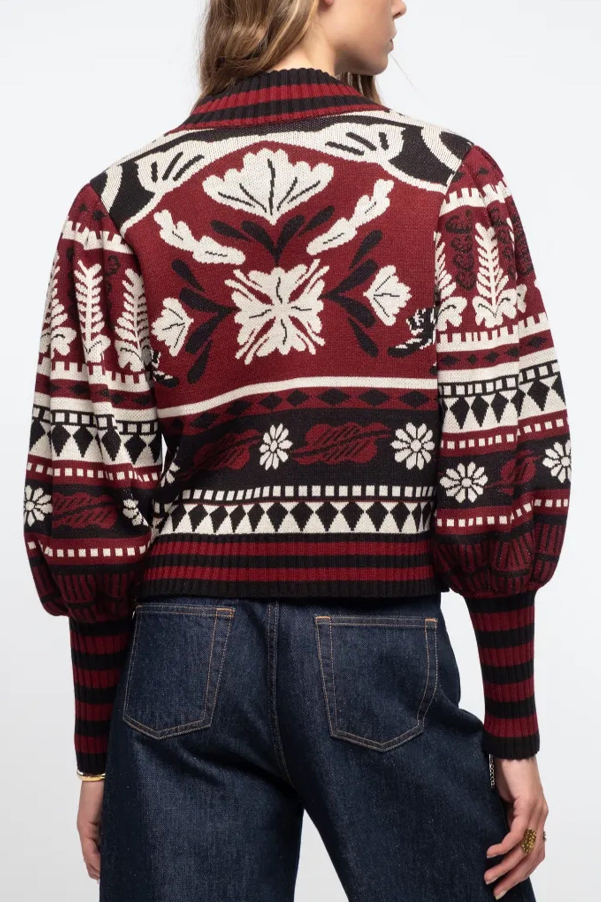 INTARSIA KNIT PULLOVER BLACK/ECRU/BORDEAUX