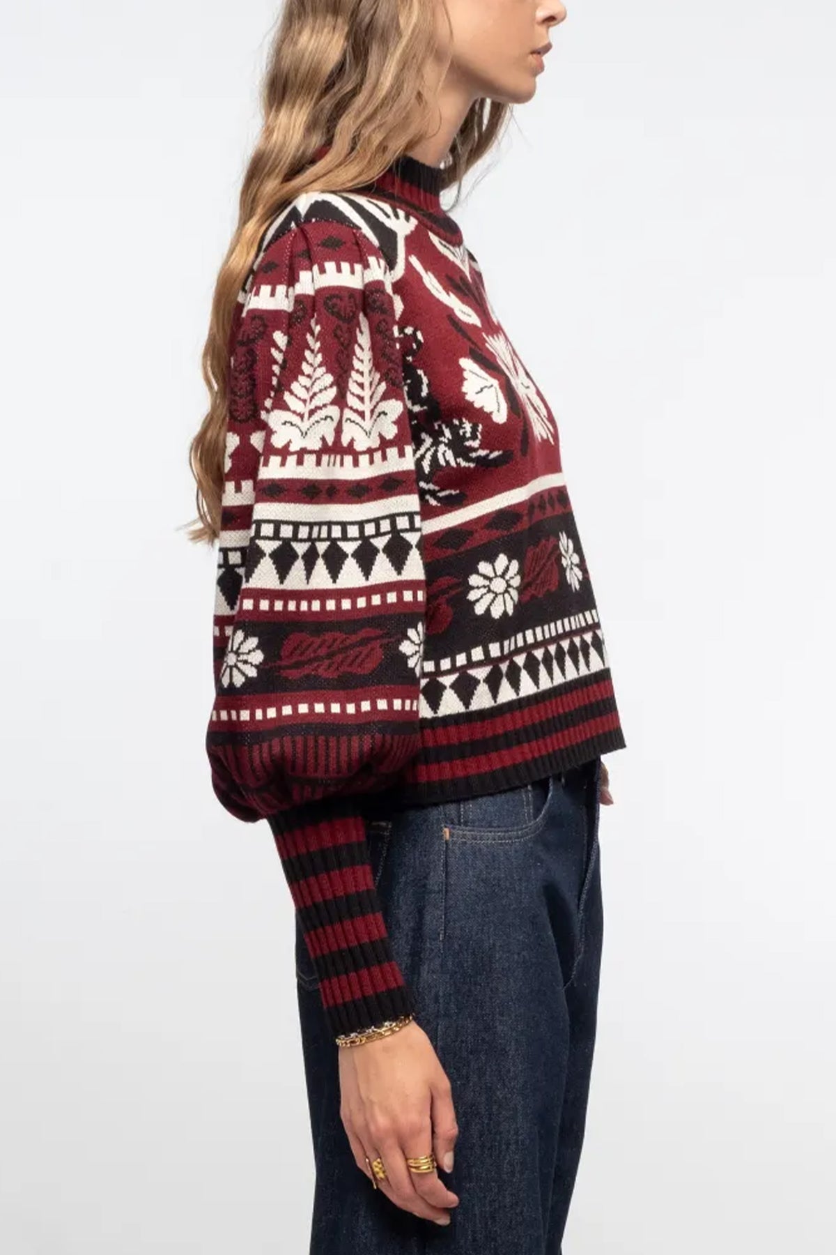 INTARSIA KNIT PULLOVER BLACK/ECRU/BORDEAUX