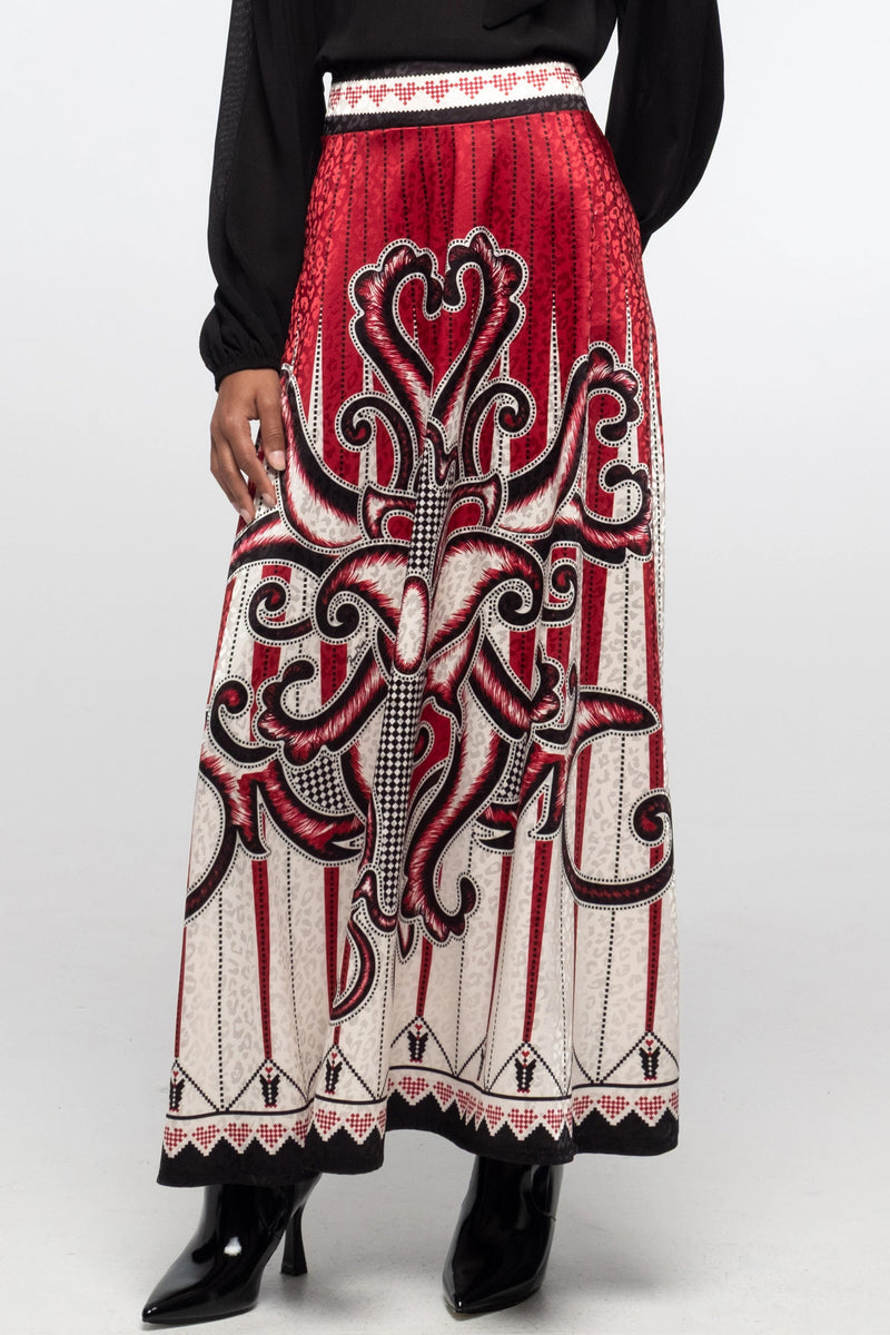 SATIN JACQUARD MAXI SKIRT WITH PLACEMENT PRINT BLACK/WHITE/RED