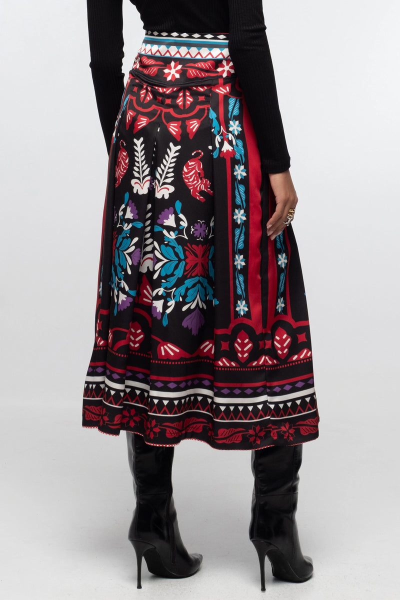 MIDI SKIRT WITH PLACEMENT PRINT BLACK/MULTICOLOR