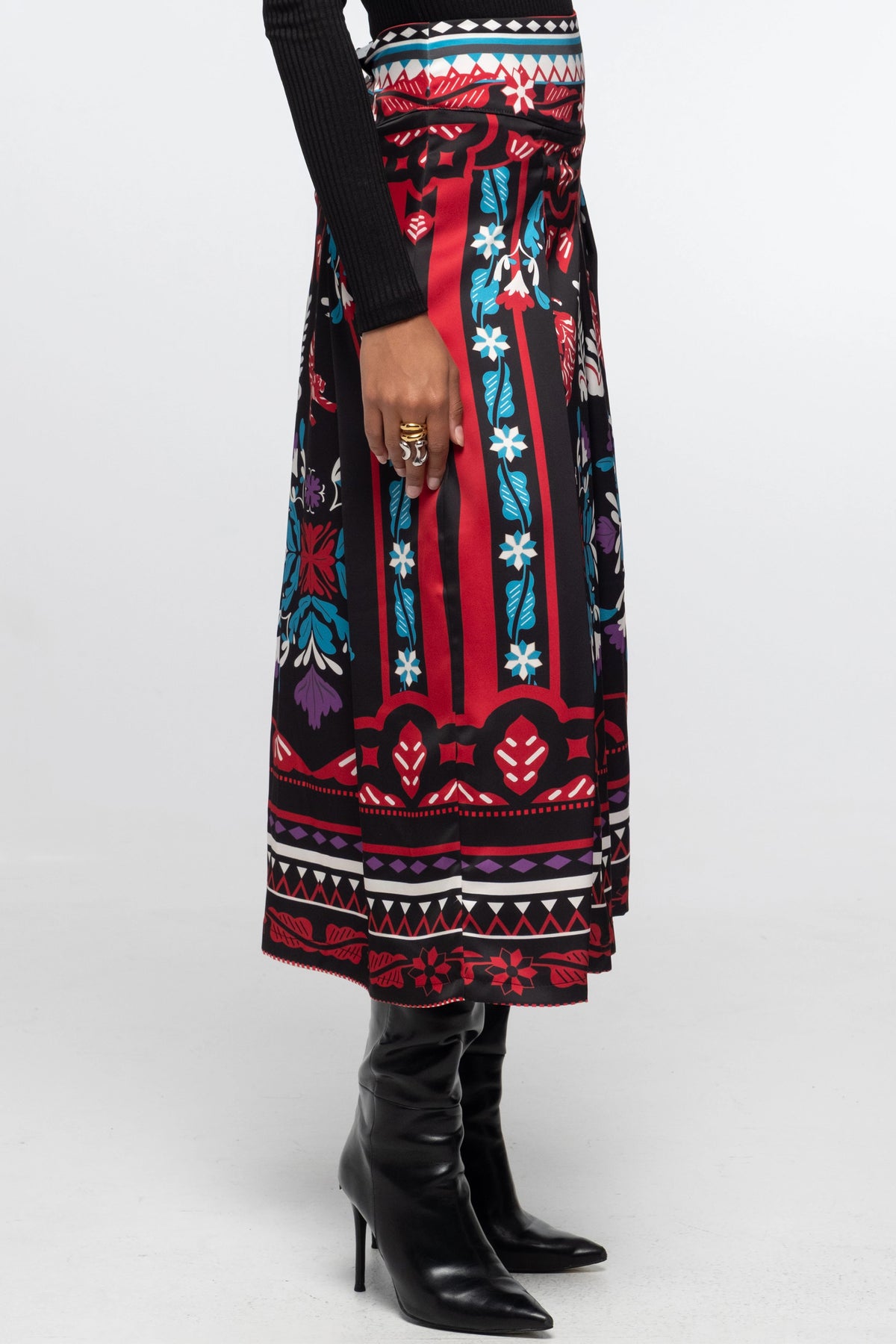 MIDI SKIRT WITH PLACEMENT PRINT BLACK/MULTICOLOR