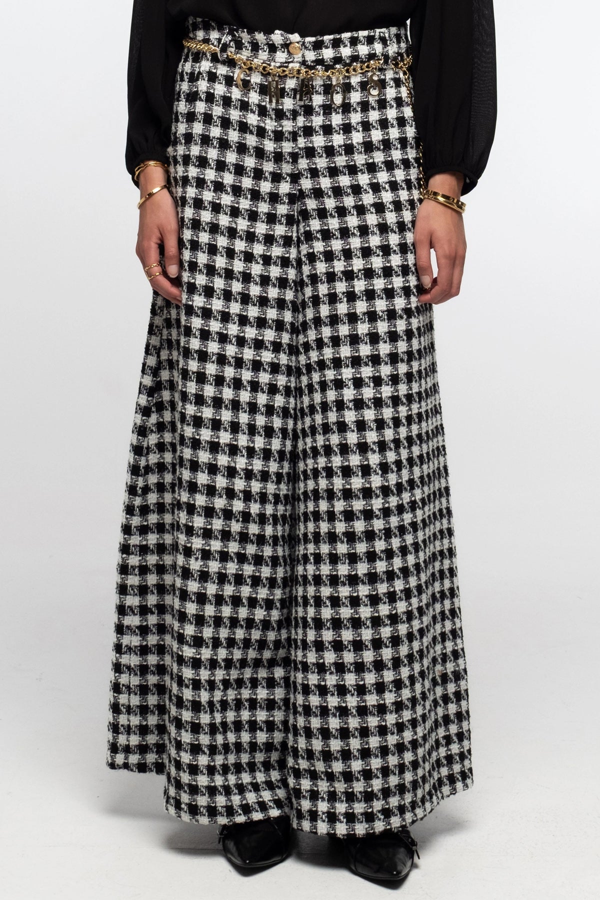 WIDE LEG TWEED PANTS WITH LUREX BLACK/WHITE