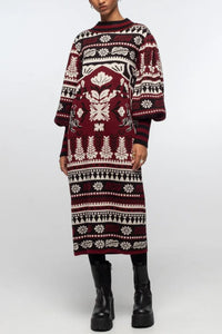 MIDI INTARSIA KNIT DRESS BLACK/ECRU/BORDEAUX