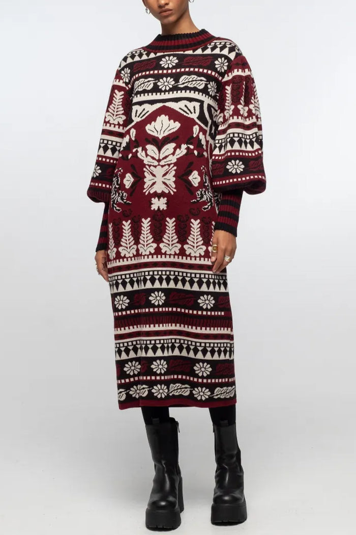 MIDI INTARSIA KNIT DRESS BLACK/ECRU/BORDEAUX