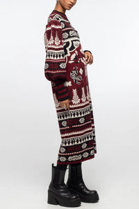 MIDI INTARSIA KNIT DRESS BLACK/ECRU/BORDEAUX