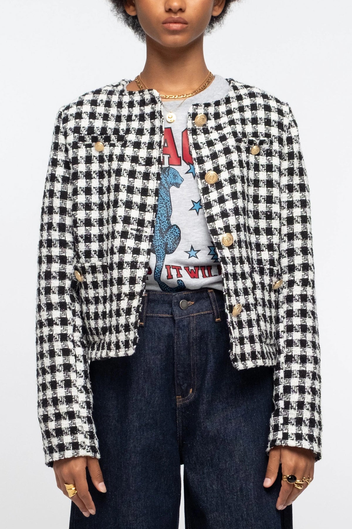 CROPPED TWEED BLAZER WITH LUREX BLACK/WHITE