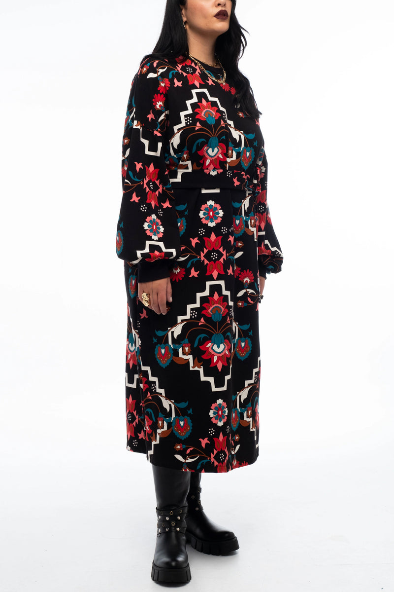 MIDI COTTON SWEATER DRESS WITH FLOWER PRINT BLACK/MULTI
