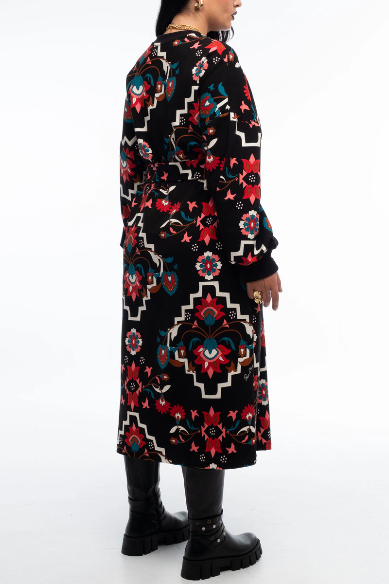 MIDI COTTON SWEATER DRESS WITH FLOWER PRINT BLACK/MULTI