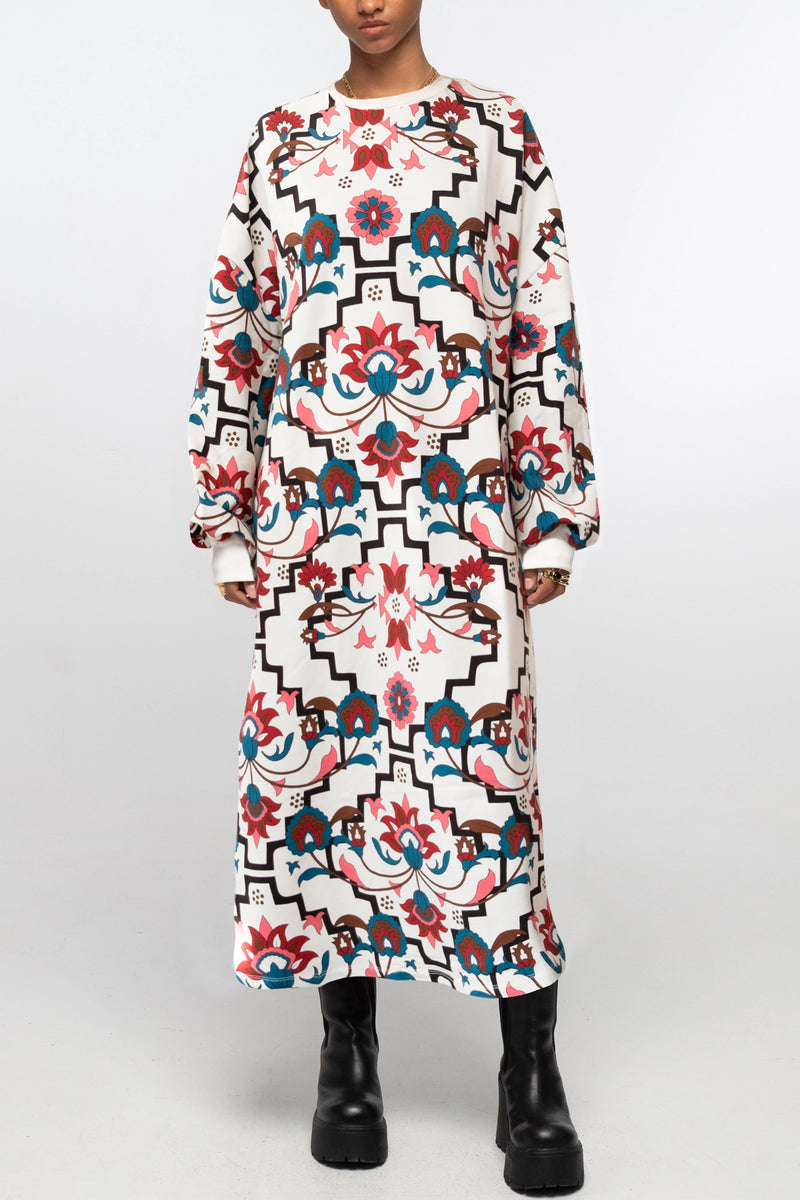 MIDI COTTON SWEATER DRESS WITH FLOWER PRINT ECRU/MULTI