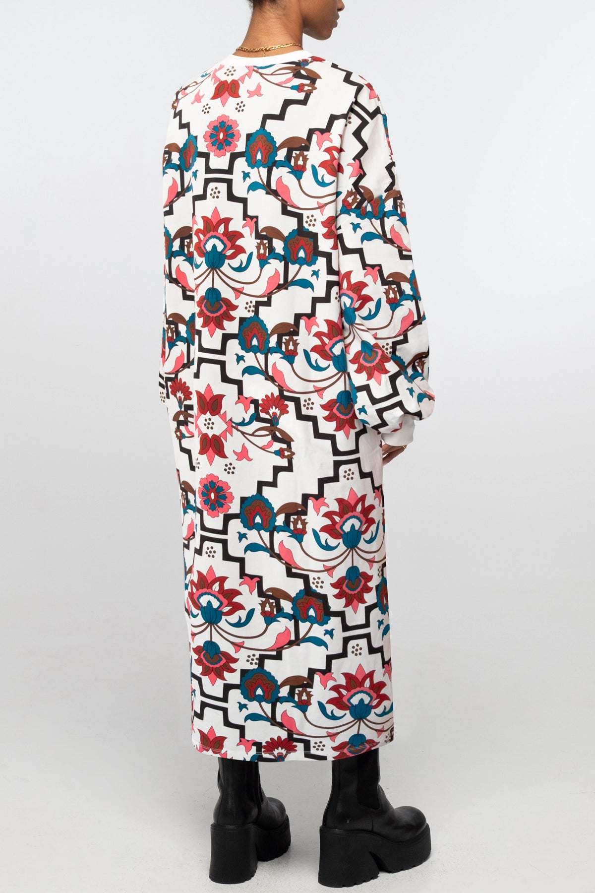 MIDI COTTON SWEATER DRESS WITH FLOWER PRINT ECRU/MULTI