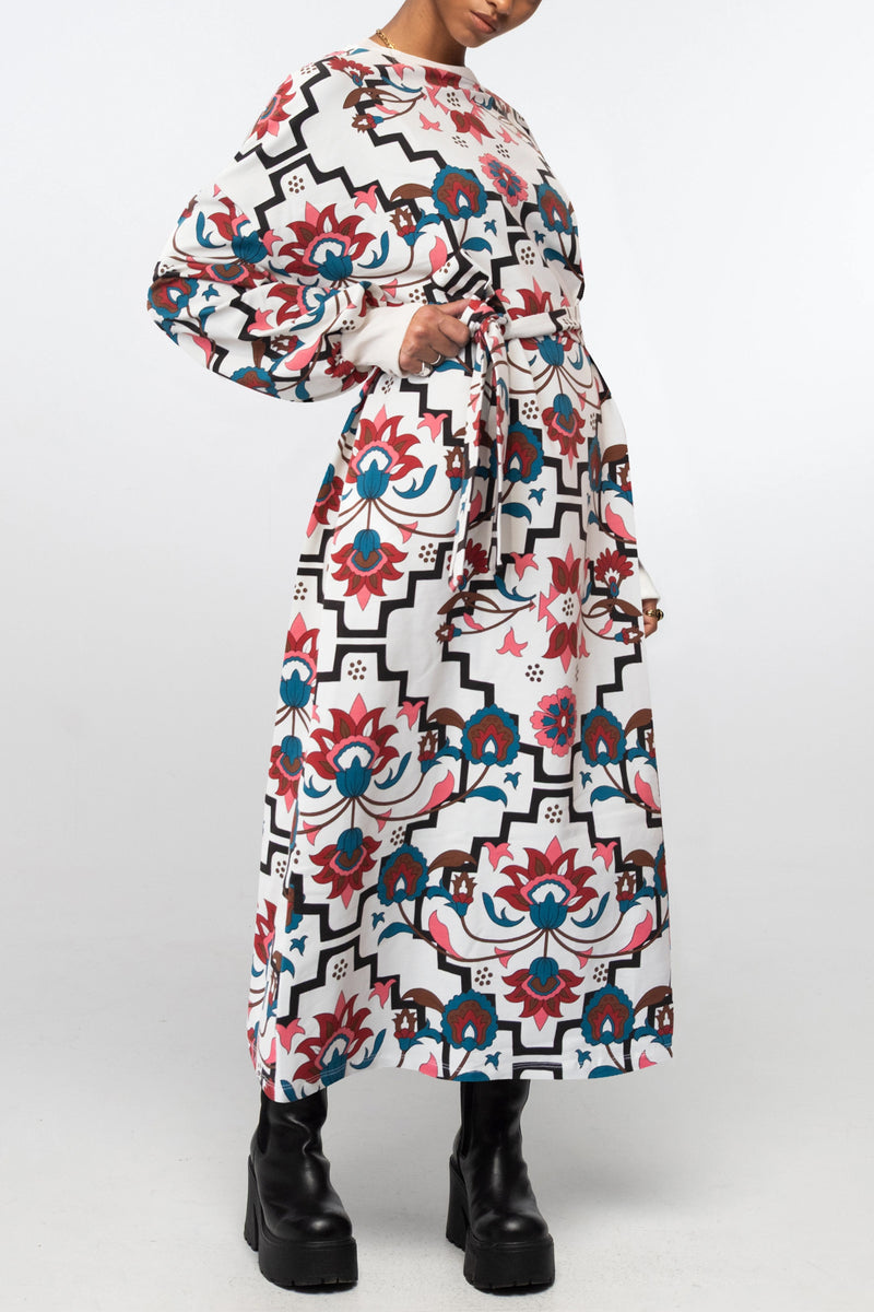 MIDI COTTON SWEATER DRESS WITH FLOWER PRINT ECRU/MULTI