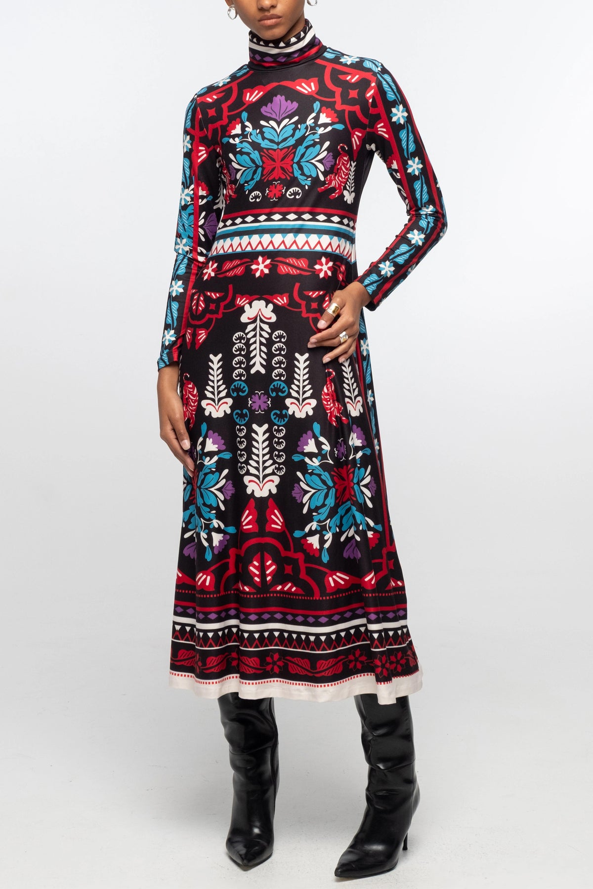 BODYCON DRESS WITH PLACEMENT PRINT BLACK/MULTICOLOR