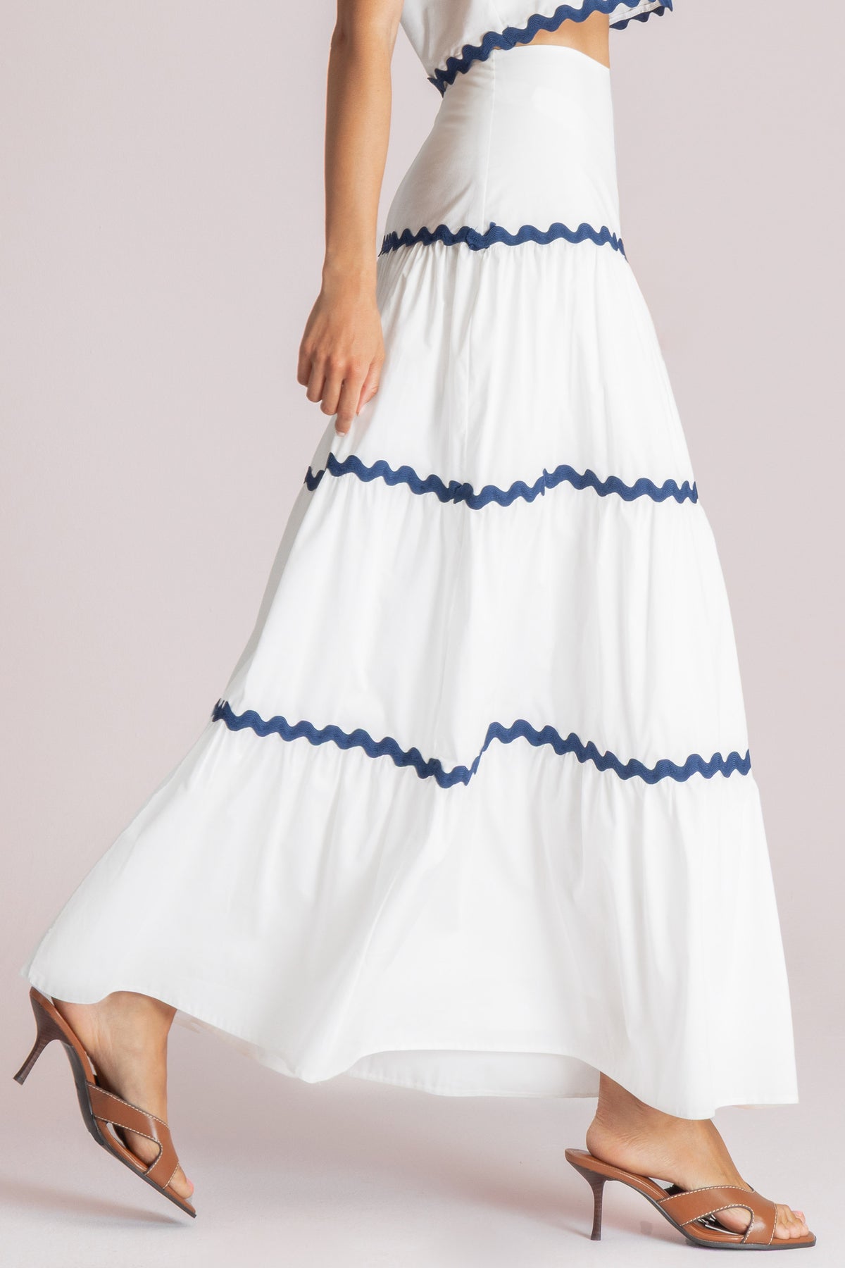 LONG COTTON SKIRT "WAVE" WHITE/NAVY