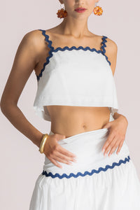 CROPPED COTTON TOP "WAVE" WHITE/NAVY