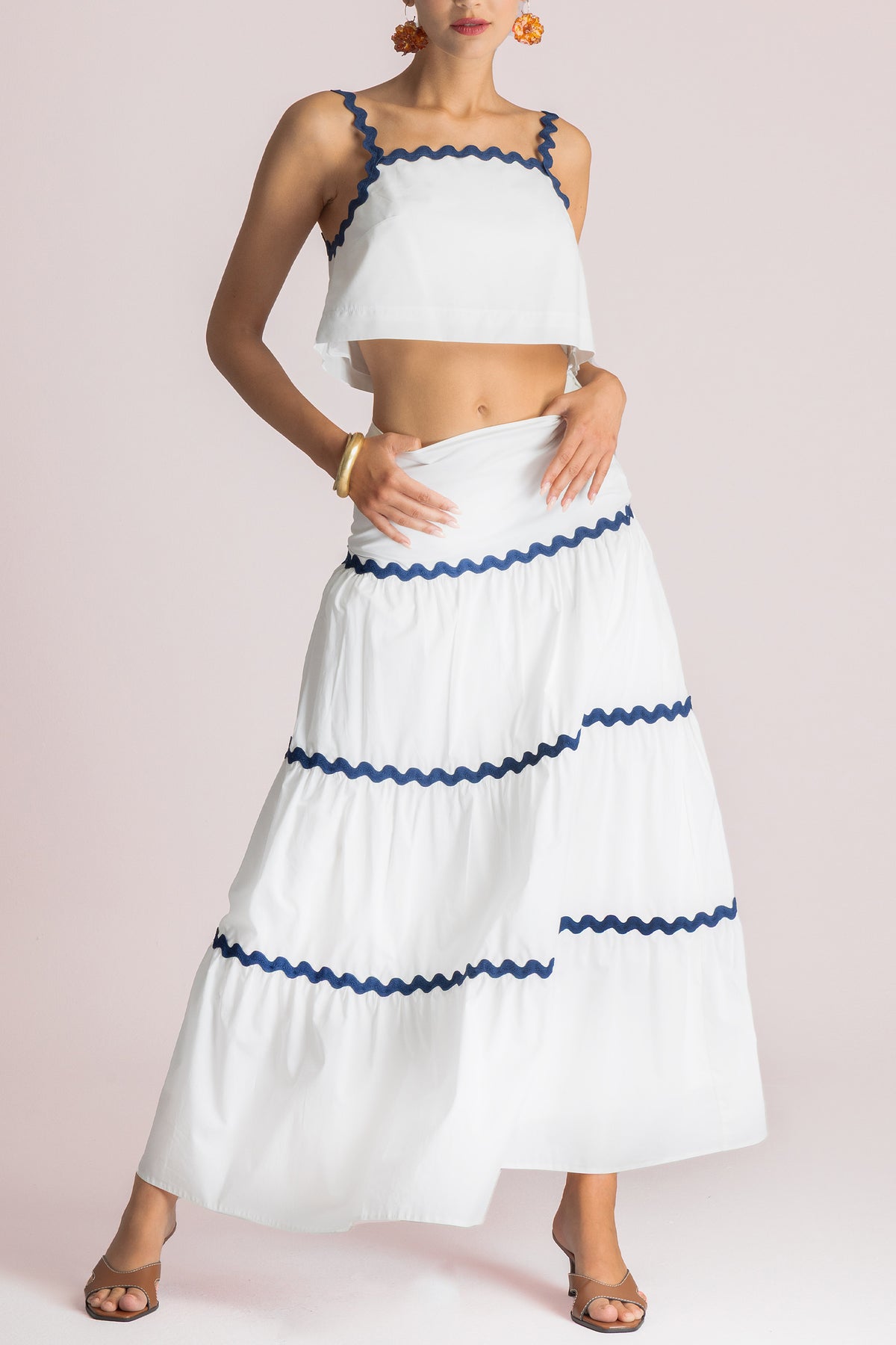 CROPPED COTTON TOP "WAVE" WHITE/NAVY