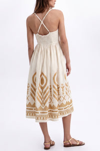 MIDI STRAPPY LINEN DRESS "FEATHER" WHITE/GOLD