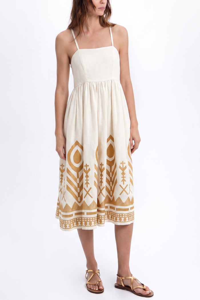 MIDI STRAPPY LINEN DRESS "FEATHER" WHITE/GOLD