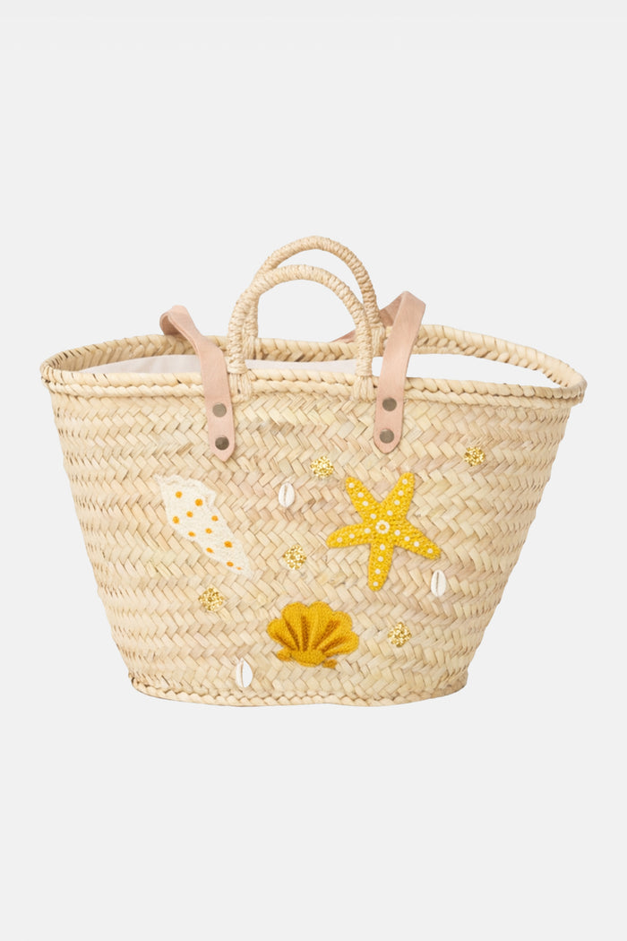 WOVEN & EMBROIDERED RAFFIA BASKET "MERMAID" YELLOW