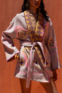 WOVEN COTTON KIMONO JACKET "YSIA" BEIGE/MUSTARD/PURPLE
