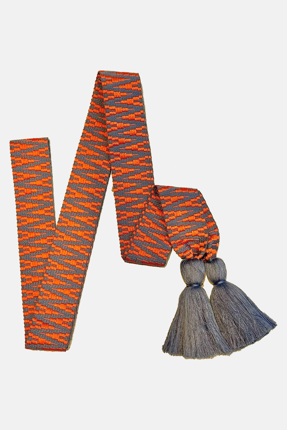 WOVEN BELT WITH TASSELS "ZIGZAG" DOVE BLUE/ORANGE