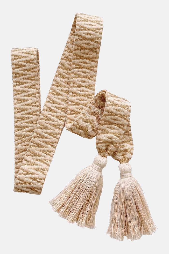 WOVEN BELT WITH TASSELS "ZIGZAG" NEON GOLD/ECRU
